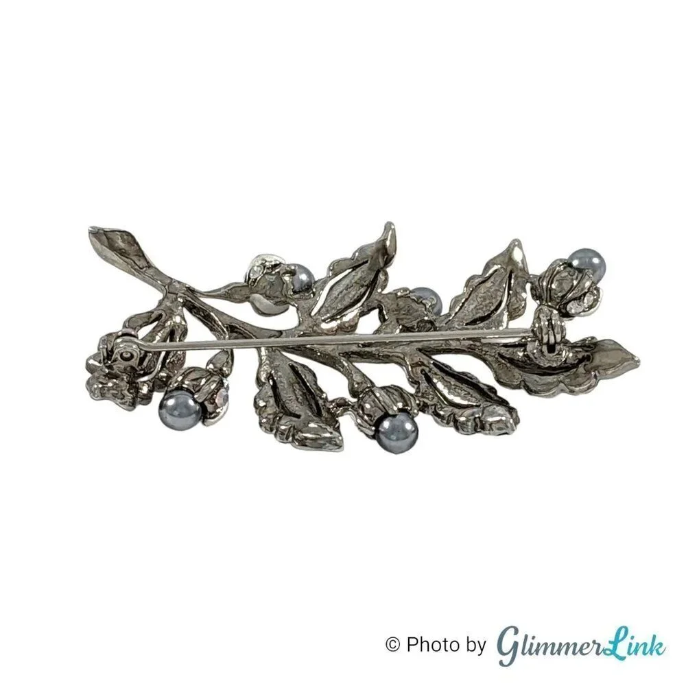 Vintage Two Tone Rhinestone Leaf Faux Pearl Branch Brooch